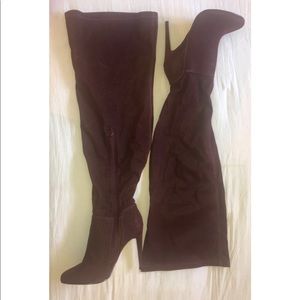 Burgundy suede thigh high heeled boots